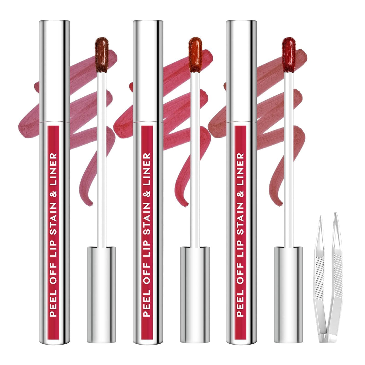 JUNECODE front packaging showing three-peice peel-off lip stain kit and included tweezer benefit long wear