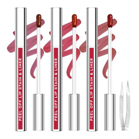 JUNECODE front packaging showing three-peice peel-off lip stain kit and included tweezer benefit long wear