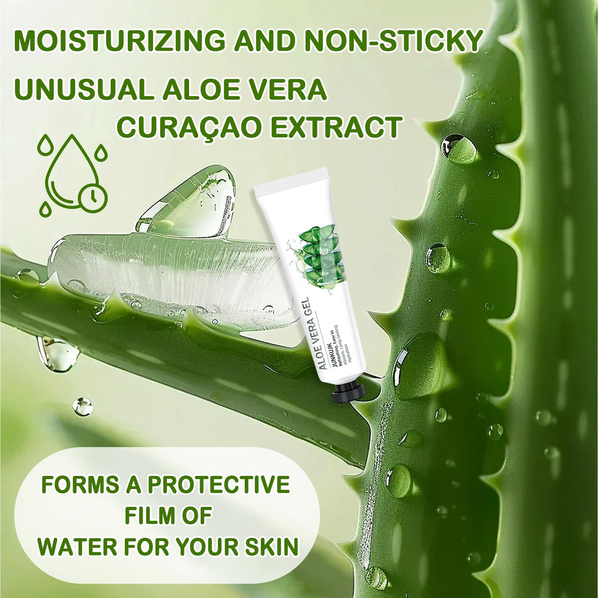 JunKuJK label close-up showing organic aloe ingredients and clear benefits