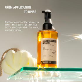 JUNO & Co. close-up of the oil-to-foam lather transforming with water, showing soft foam