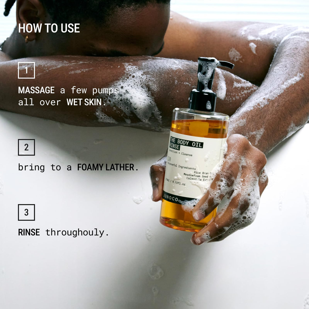 JUNO & Co. product staged with calendula and meadowfoam botanicals, conveying soothing benefits