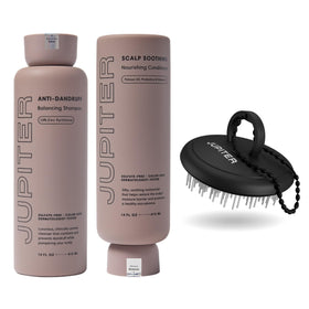 Jupiter front packaging of three-piece set showing complete scalp routine benefits
