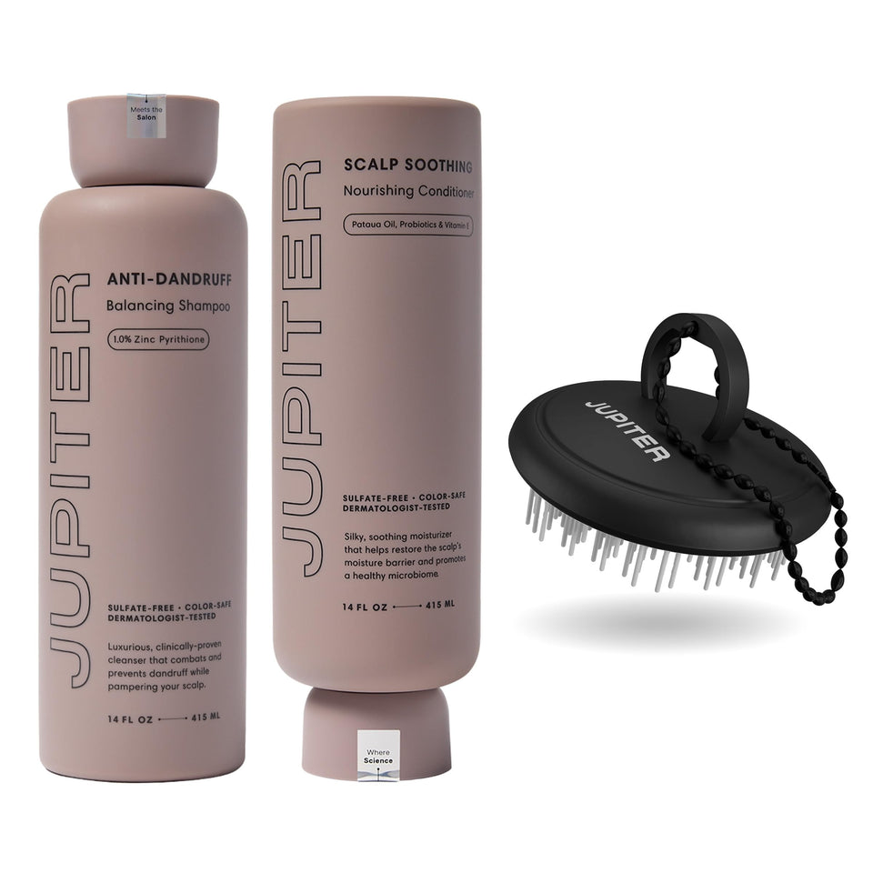 Jupiter front packaging of three-piece set showing complete scalp routine benefits