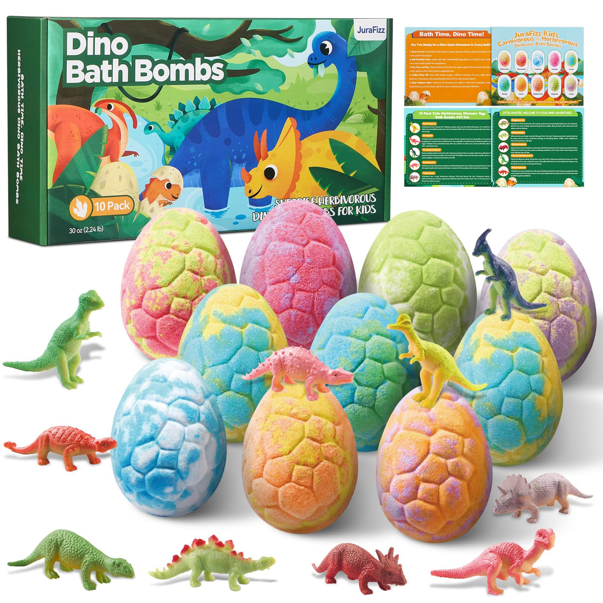JuraFizz front packaging showing 10 colorful dino egg bombs and branding, playful gift appeal