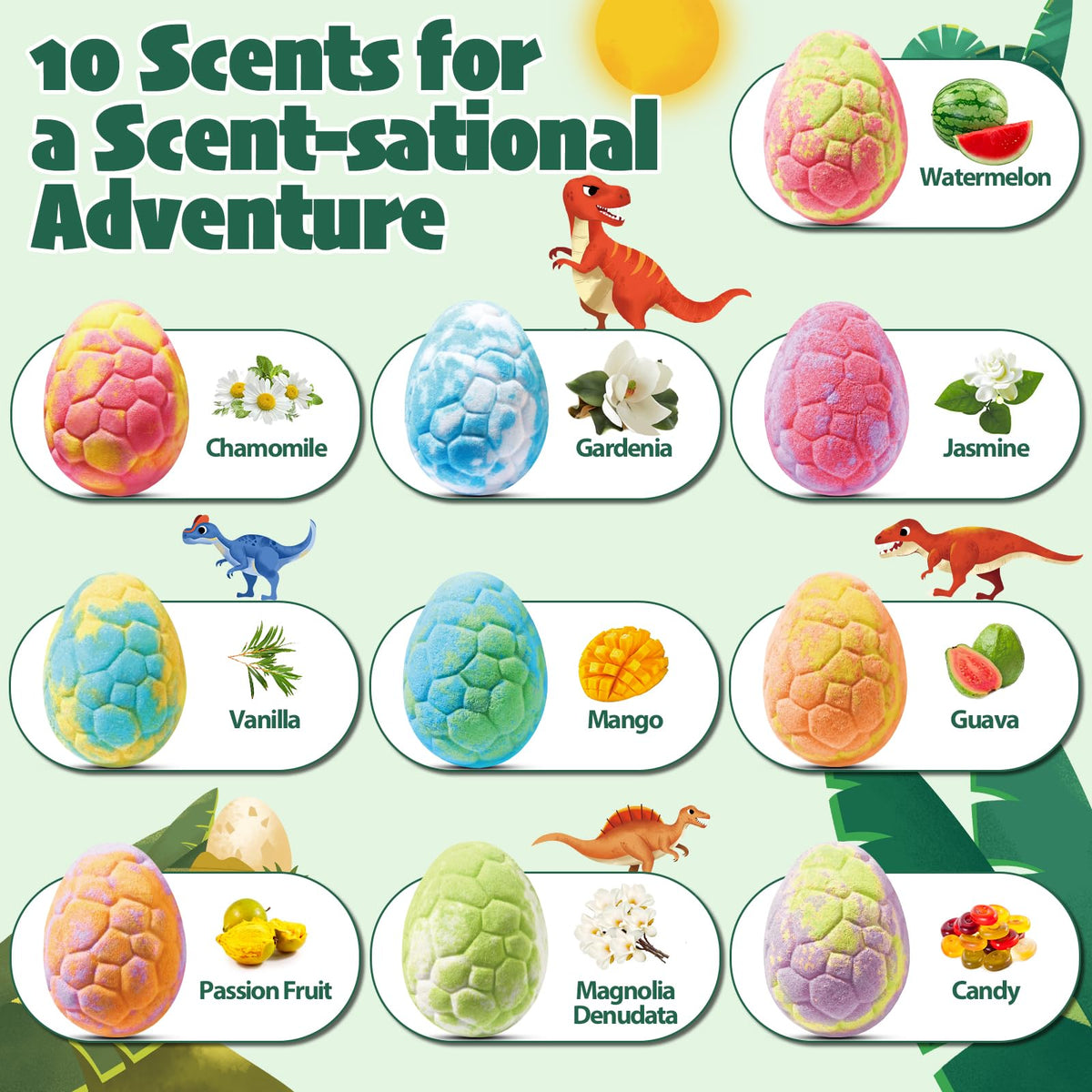 JuraFizz pack contents laid out showing all ten surprise dinosaur toys and eggs