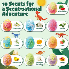 JuraFizz pack contents laid out showing all ten surprise dinosaur toys and eggs