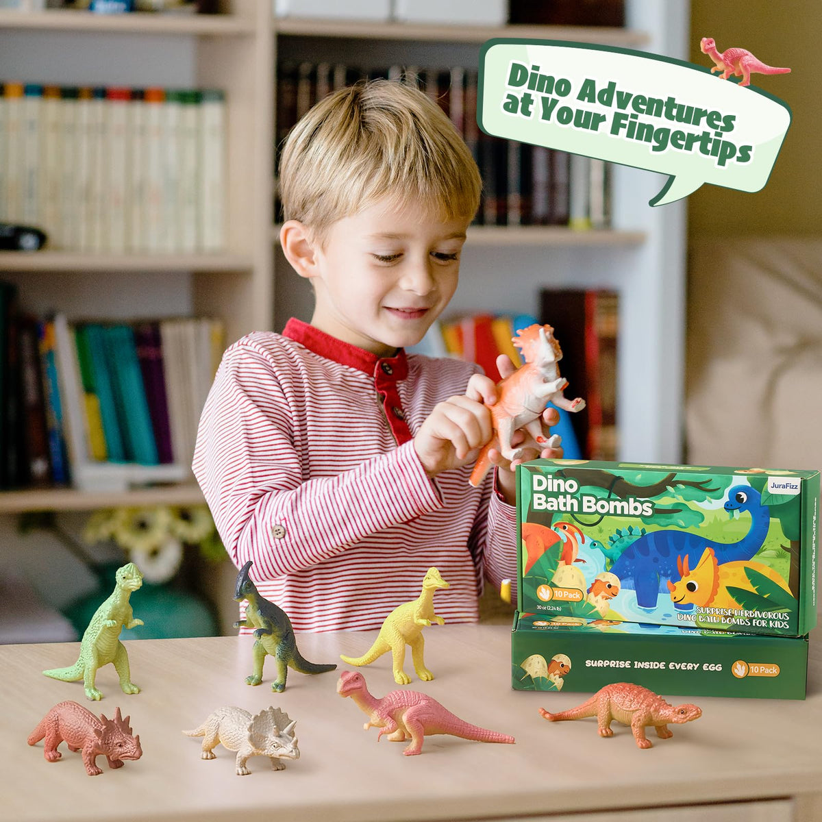 childs hand next to JuraFizz toy to show scale, helps parents assess toy size