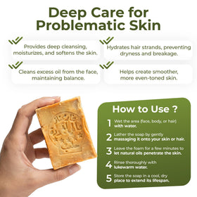 JUSIZA aleppo soap being used to wash hands demonstrating gentle cleanse