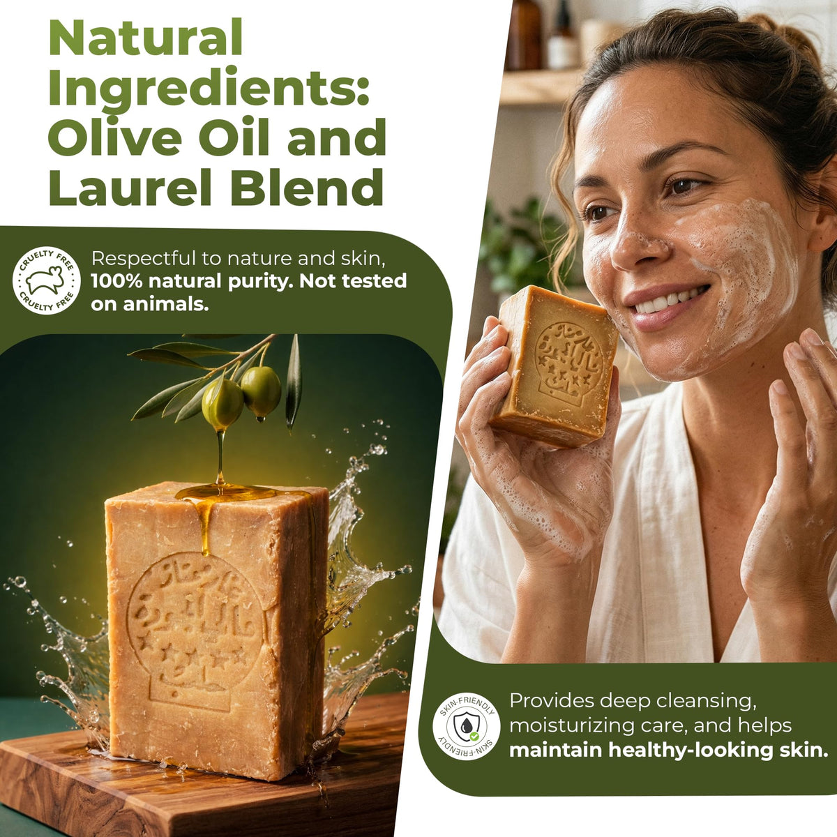 JUSIZA aleppo soap two bars in hand showing true size and scale