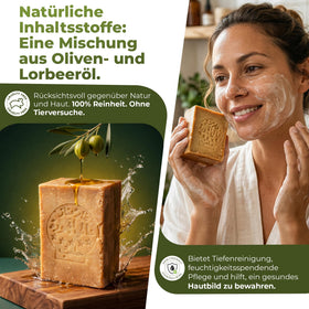 JUSIZA Aleppo soap on bathroom shelf in lifestyle scene, promotes natural routine