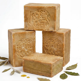 JUSIZA front packaging showing four 7 oz Aleppo soap bars, highlights natural formula