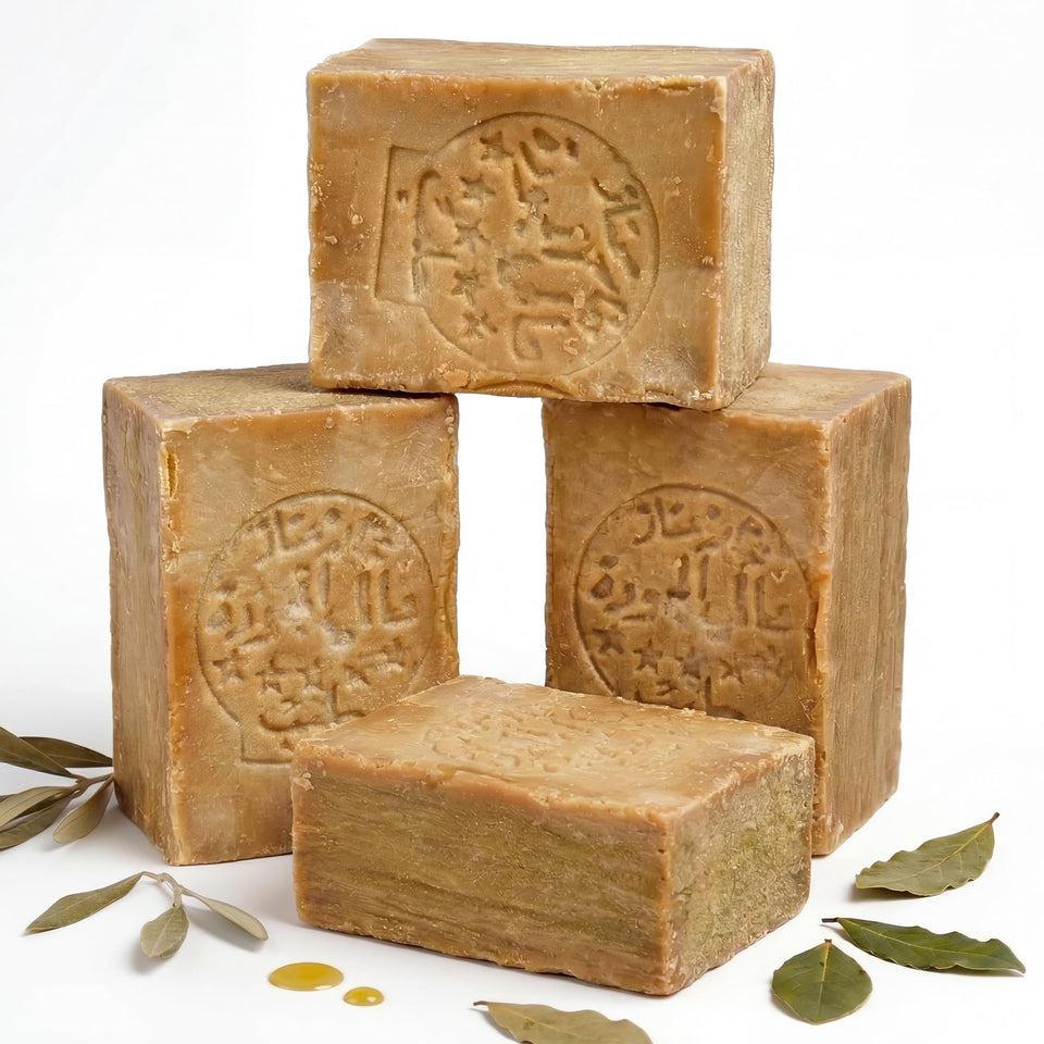 JUSIZA front packaging showing four 7 oz Aleppo soap bars, highlights natural formula