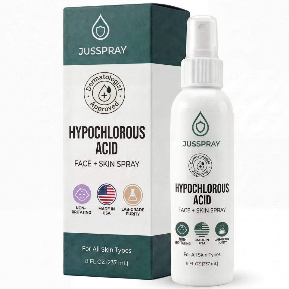 Jusspray front bottle showing clean packaging and 8 oz size benefit