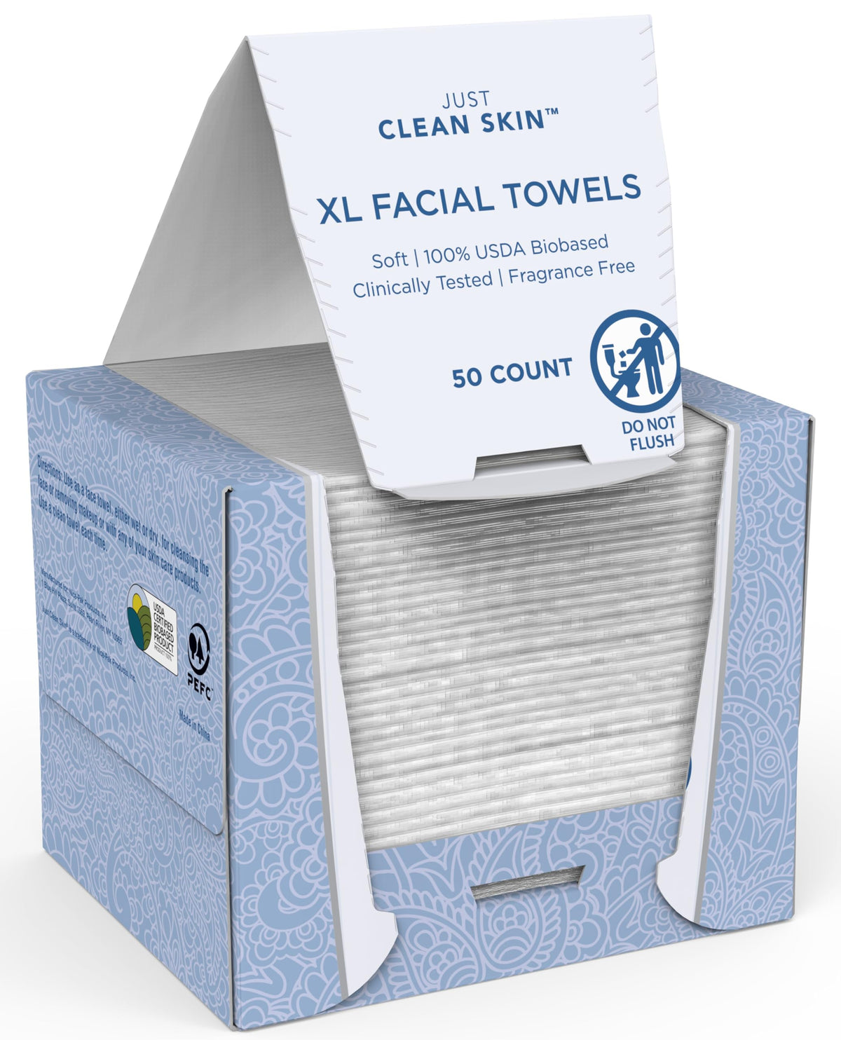 JUST CLEAN SKIN front packaging showing 50-count and XL benefit