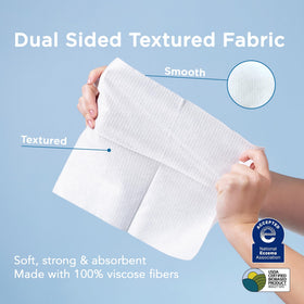 JUST CLEAN SKIN towel held in hand showing XL size and coverage benefit