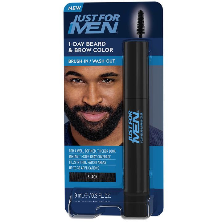Just for Men product front packaging showing shade and claims for easy daily coverage