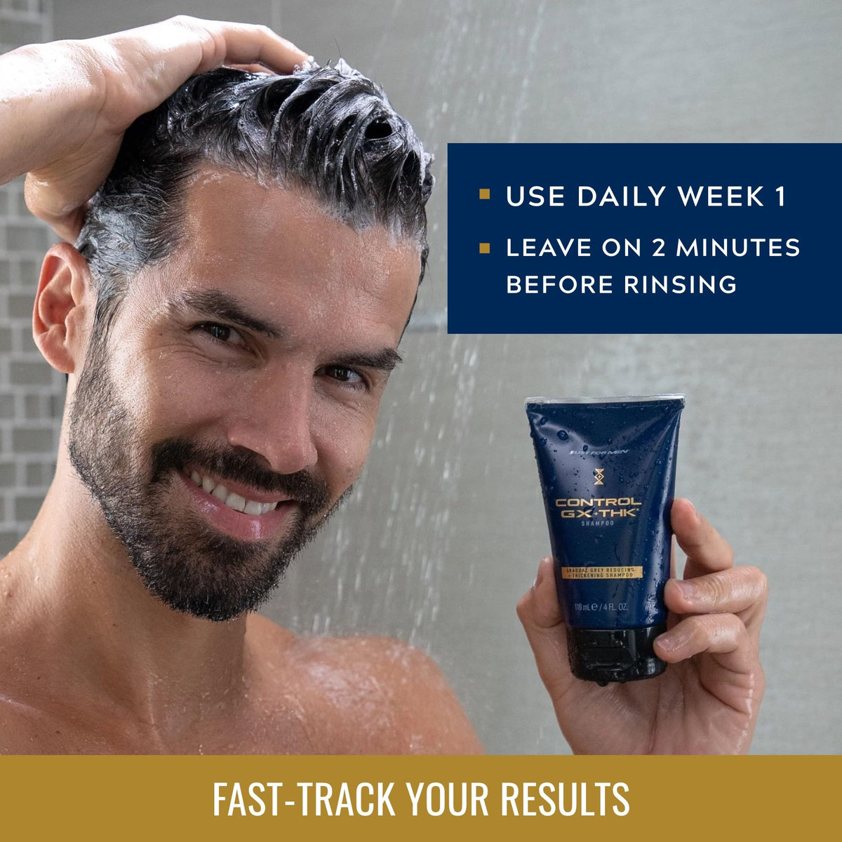 Just for Men before-and-after comparison showing fuller-looking hair benefits