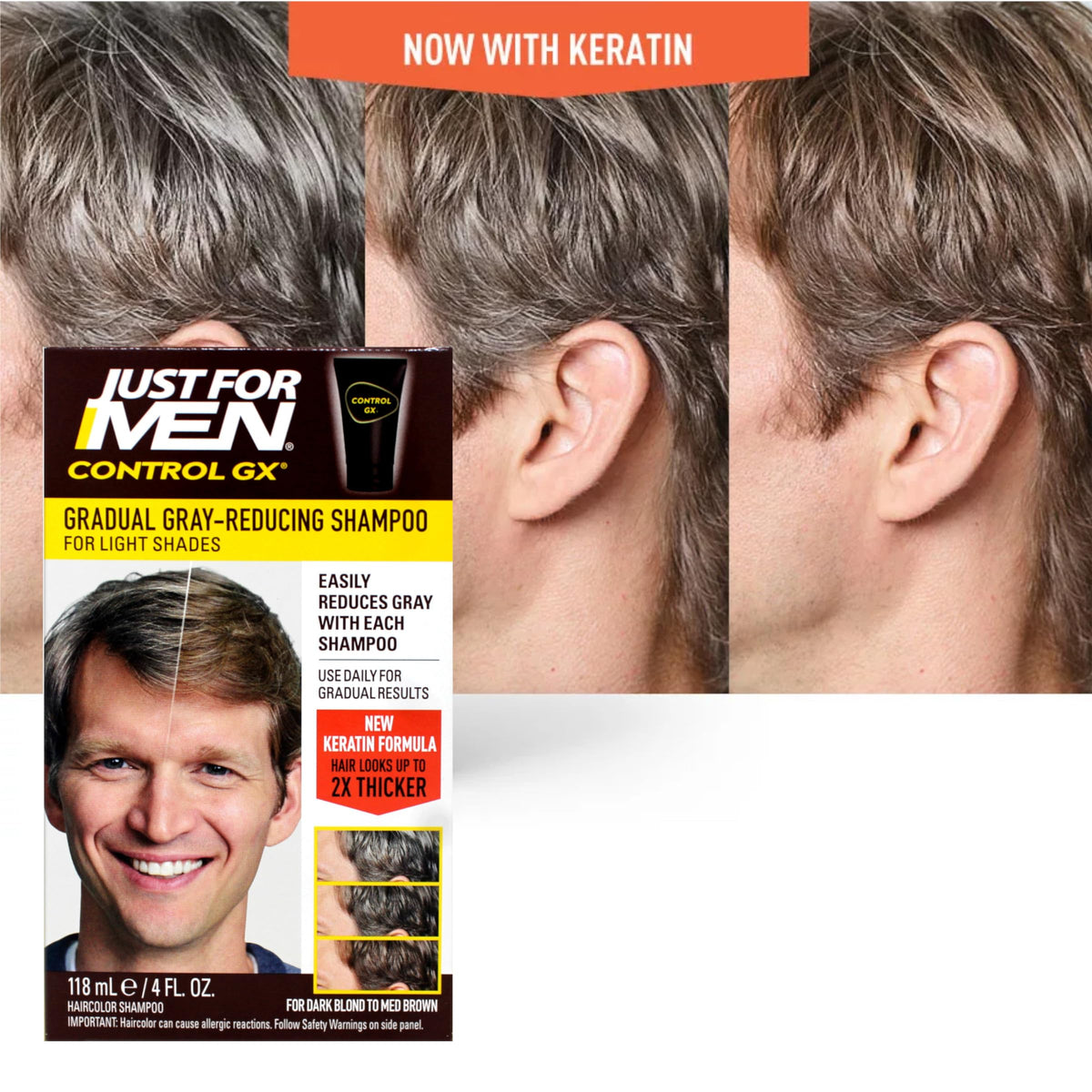 Just for Men Control GX before and after showing gradual grey reduction benefit