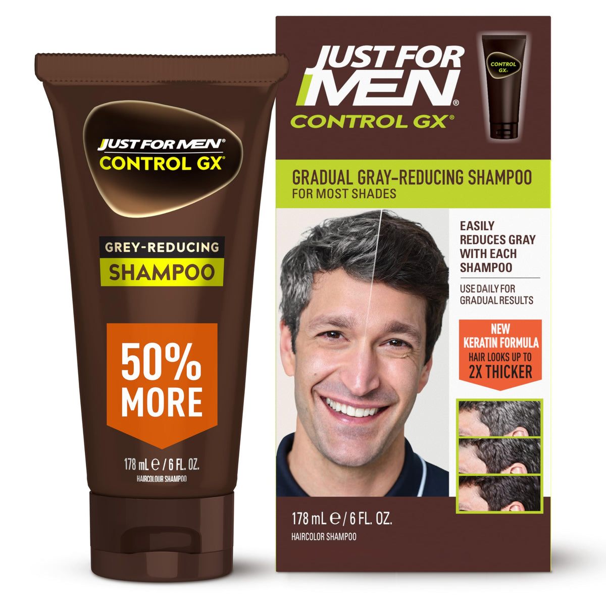 Just for Men Control GX front pack showing bottle and label with product benefit