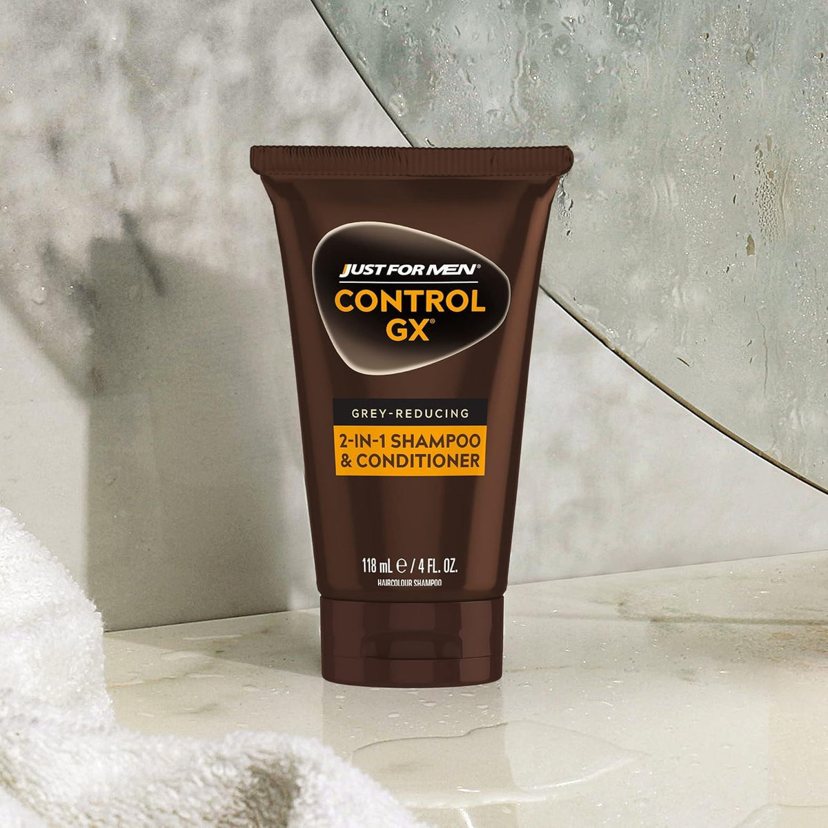 Just for Men Control GX on a bathroom shelf representing daily routine