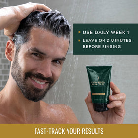 Just for Men Control GX + THK lather on hair illustrating cleansing and grey reduction