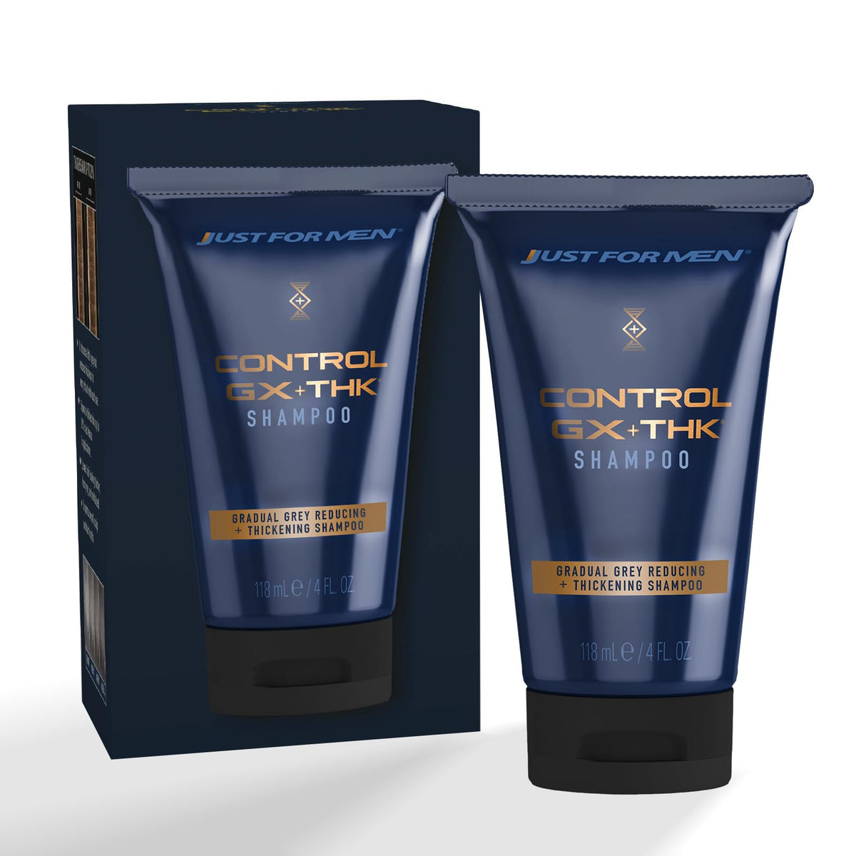 Just for Men front packaging showing 4 oz bottle and brand promise, easy travel benefit
