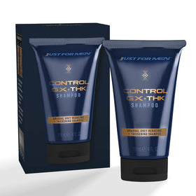 Just for Men front packaging showing 4 oz bottle and brand promise, easy travel benefit