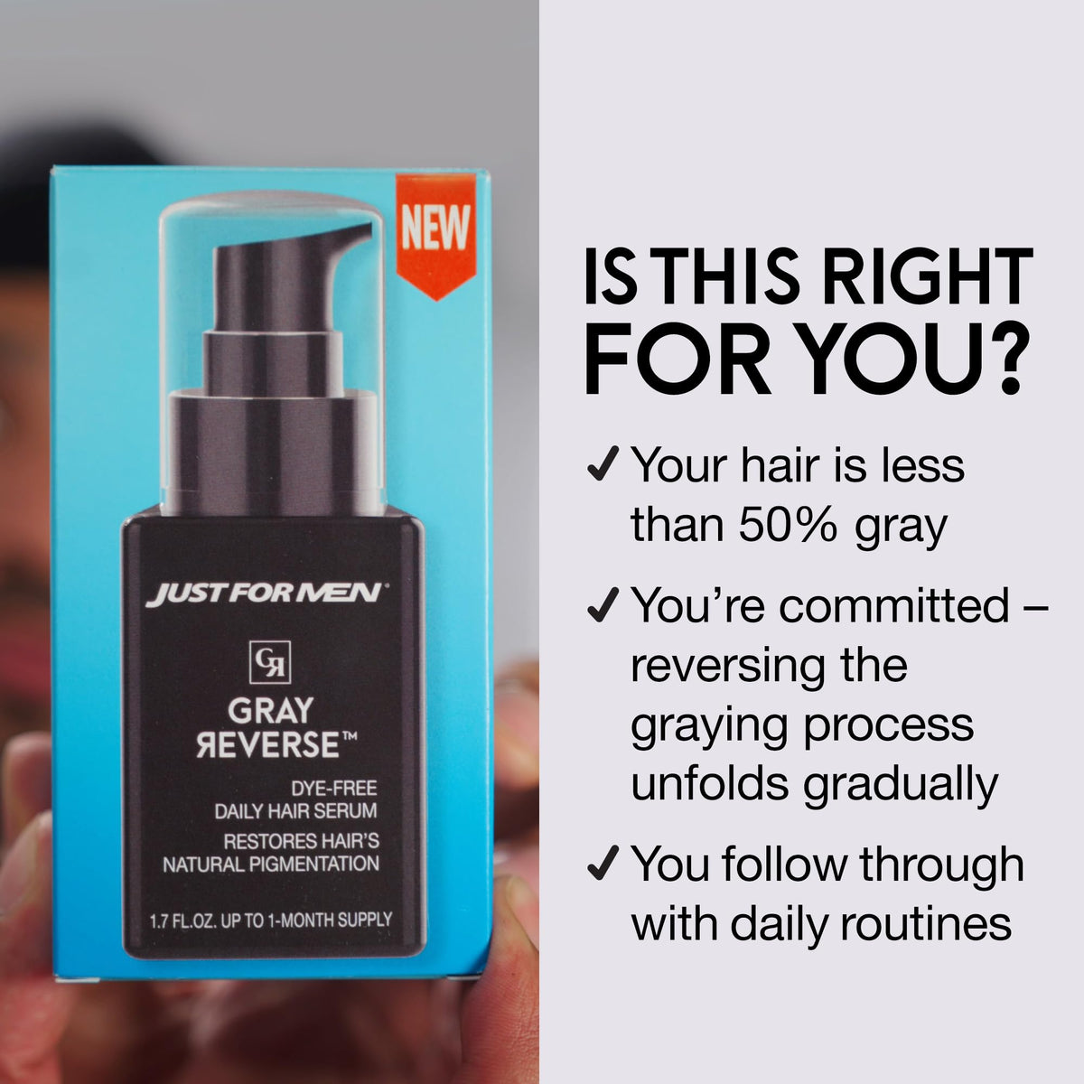Just for Men applying serum to scalp demonstrating simple 30-second massage benefit