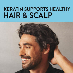 Just for Men ingredients label close-up highlighting peptide and keratin support