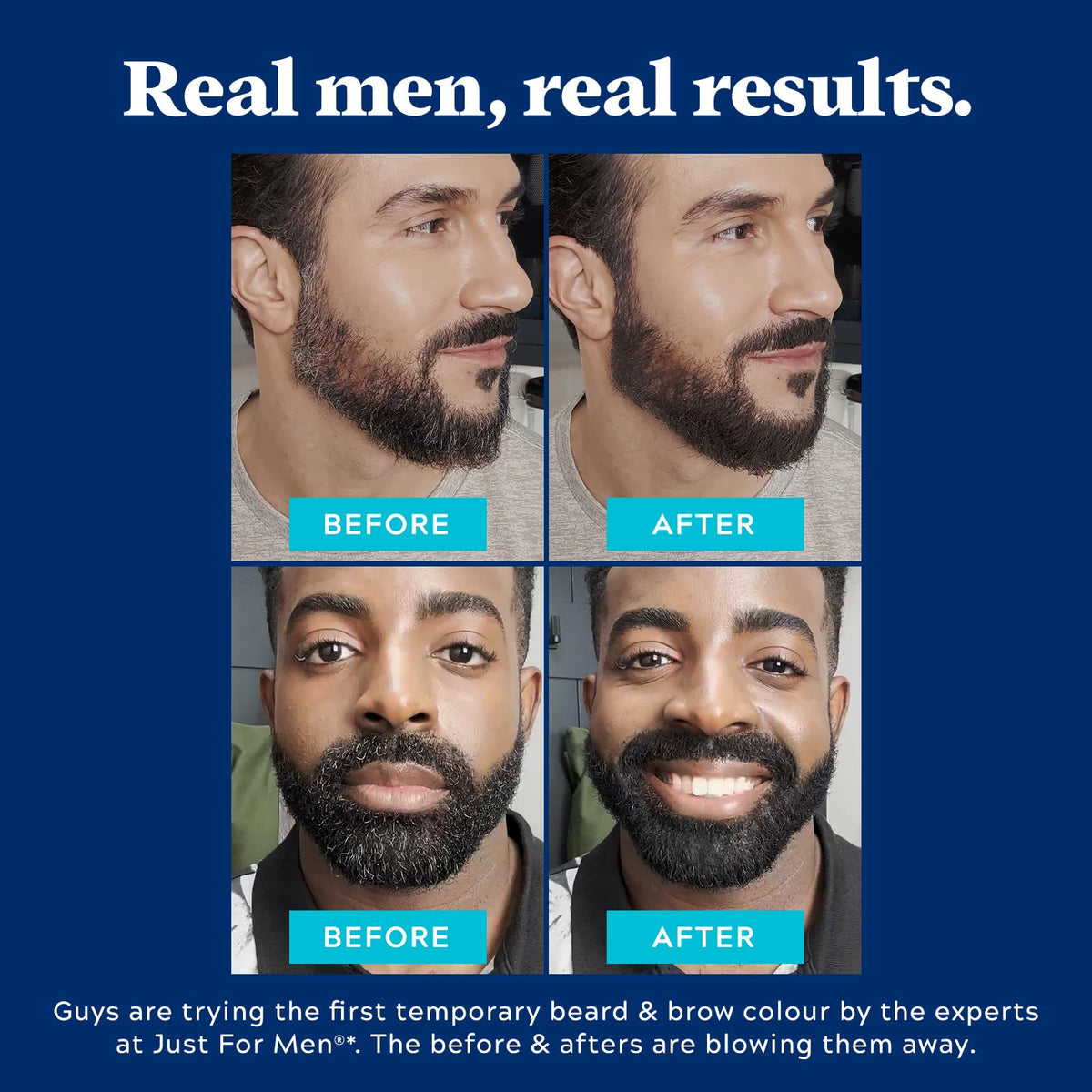 Just for Men before and after beard showing fuller, more even beard