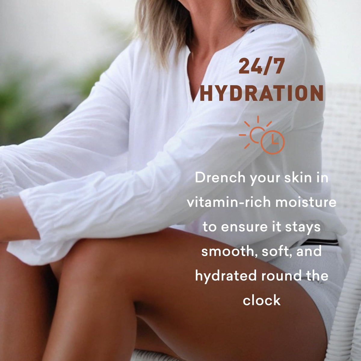 Just Nutritive applying to legs to show even application and tan preparation