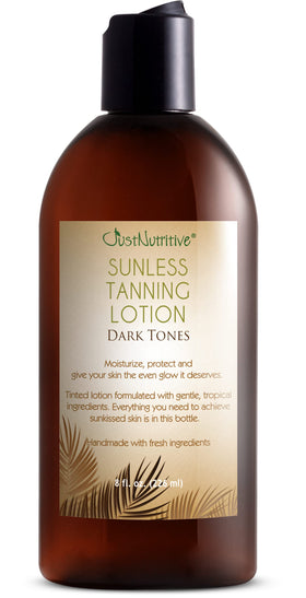 Just Nutritive front packaging showing dark tanning lotion benefits