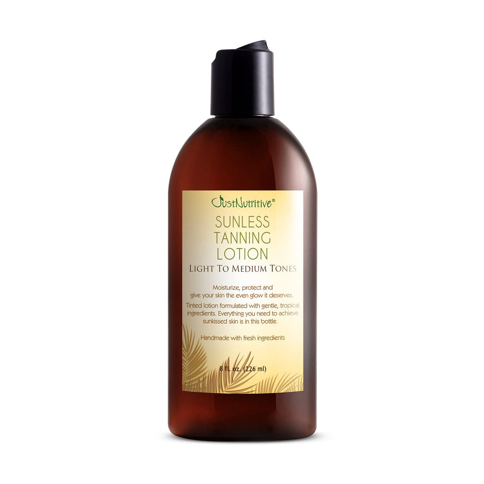 Just Nutritive front packaging showing natural sunless tanning lotion benefit