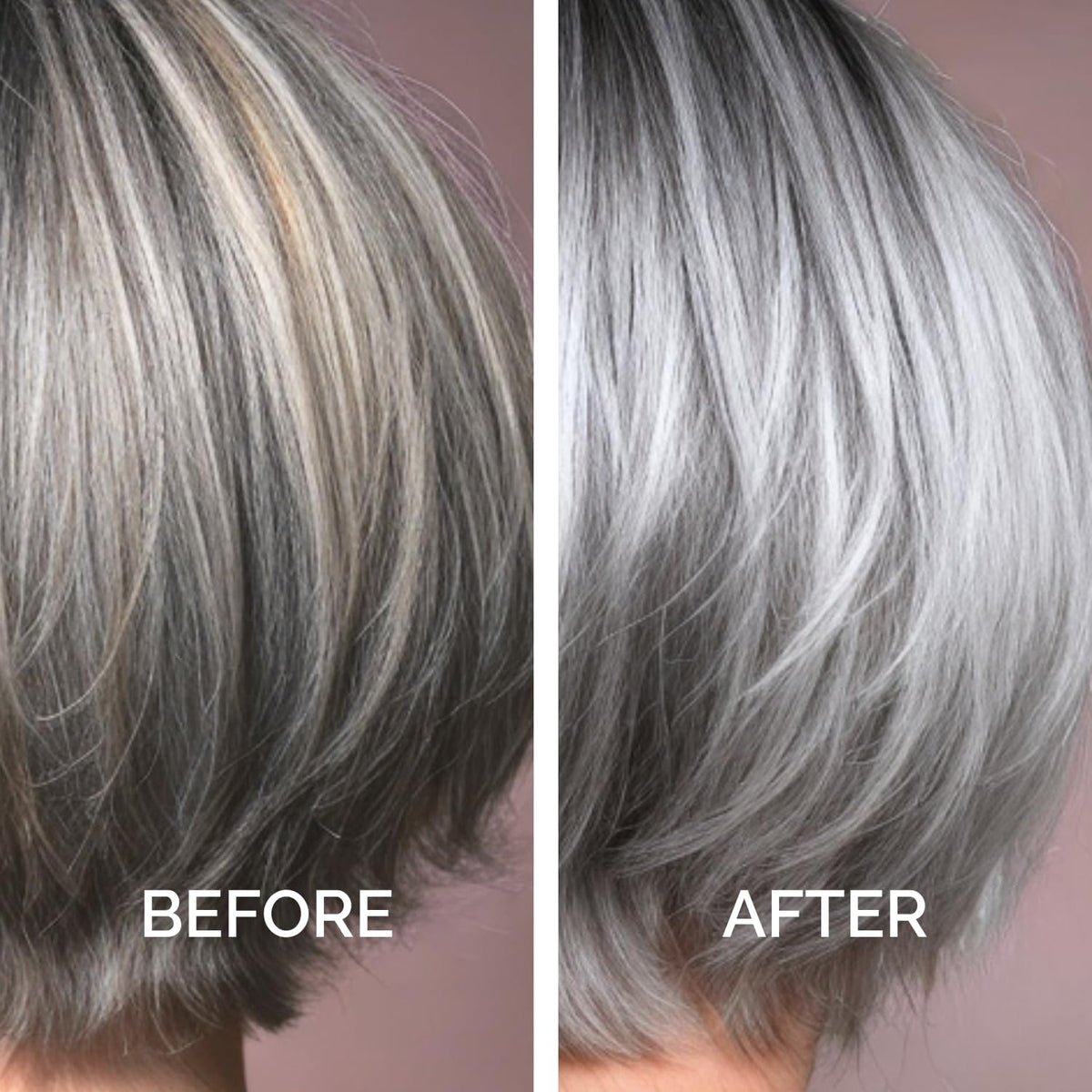Just Nutritive on gray hair in lifestyle setting showing cooler, vibrant tone