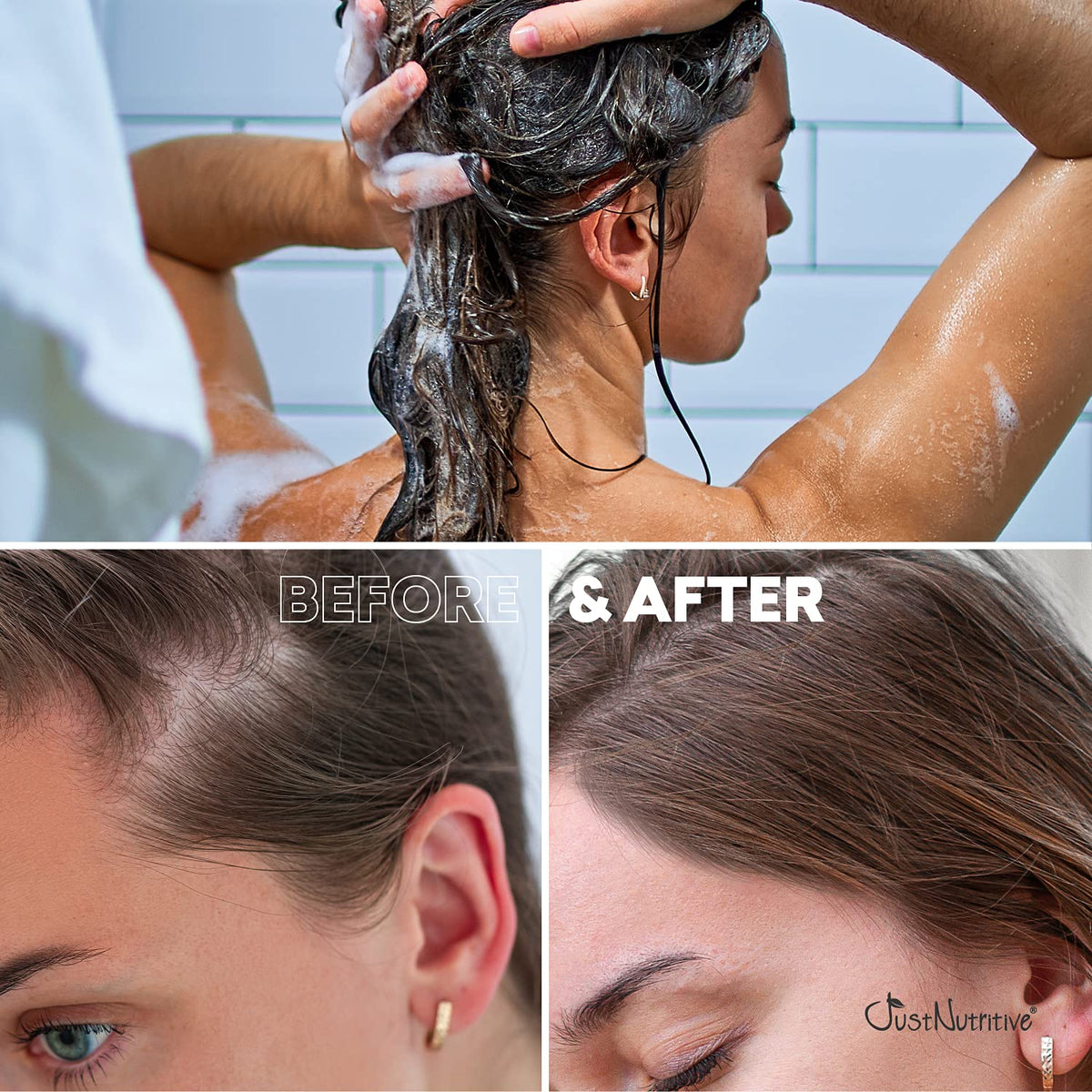 Just Nutritive shampoo texture on palm demonstrating creamy gentle lather