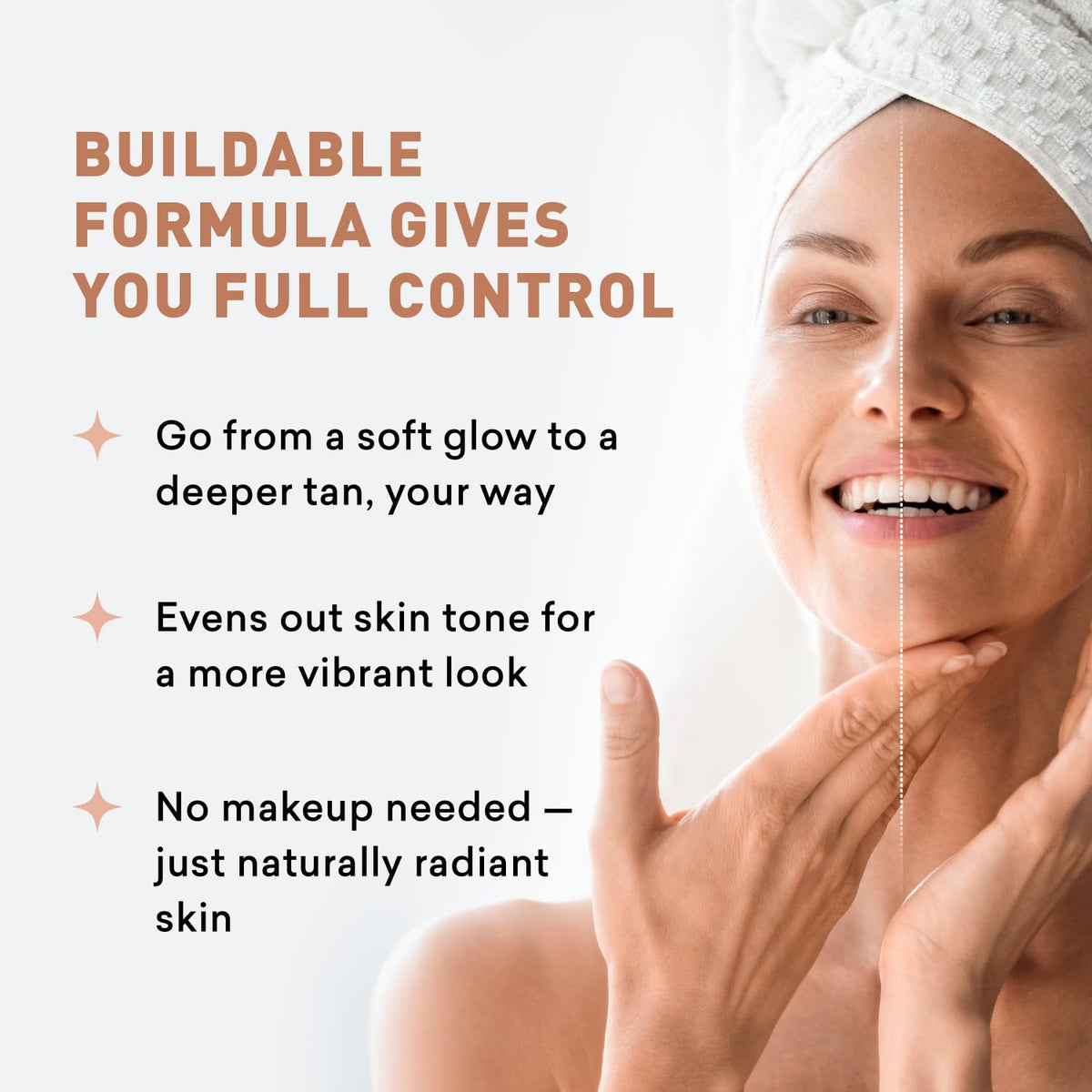 Just Nutritive applied to cheek demonstrating even, streak-free facial bronze