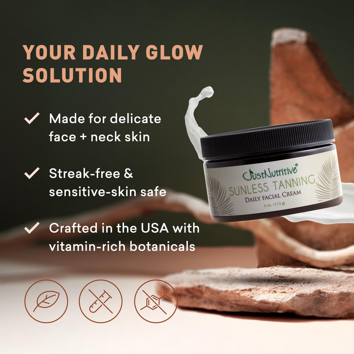 Just Nutritive cream texture swirled on hand for moisturizing, non-greasy finish