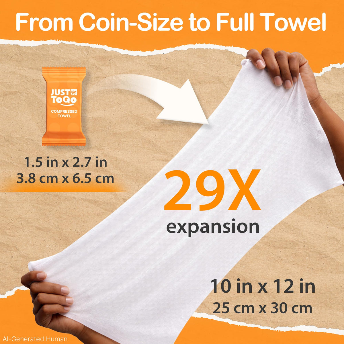 Just To Go towel beside hand for scale and easy portable use