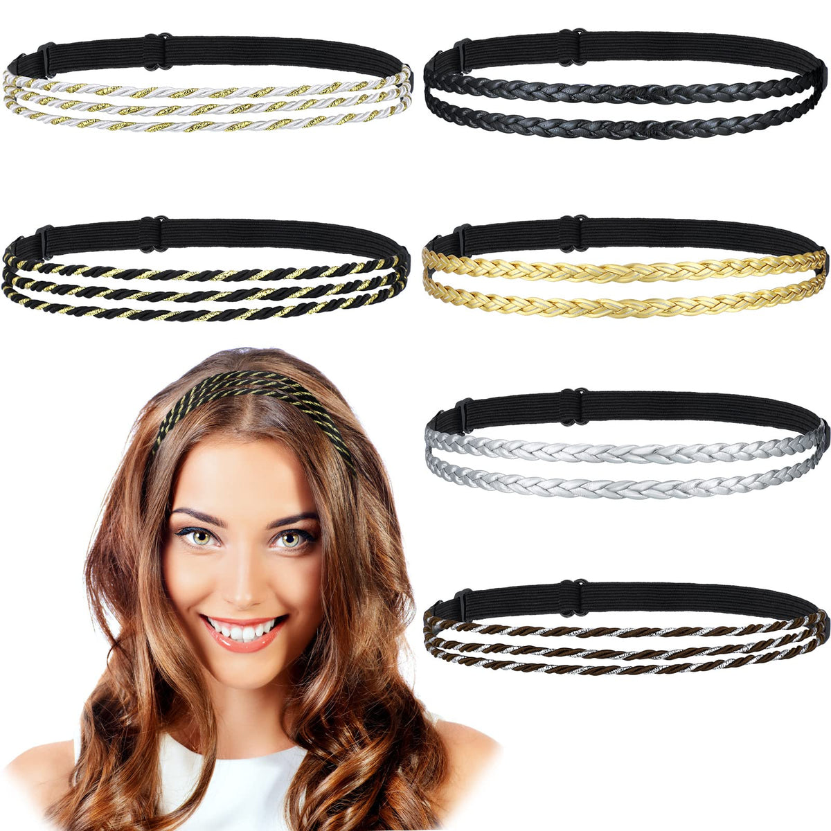 Jutom front view of six braided headbands showcasing color variety and easy selection