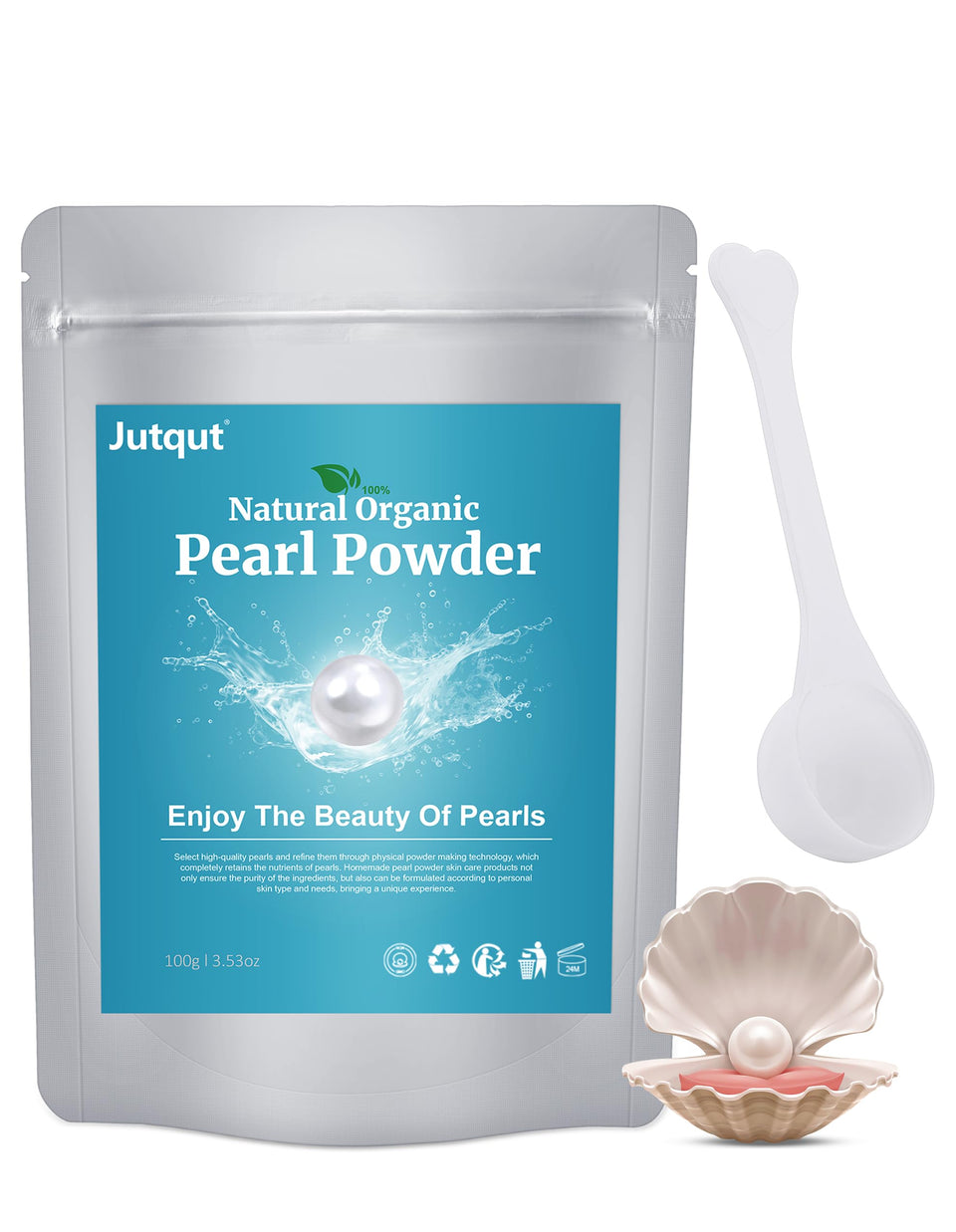 Jutqut jar front showing label and 100g cosmetic pearl powder for easy identification and shelf appeal