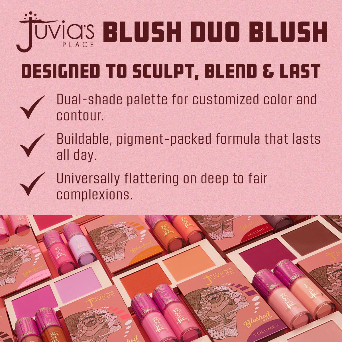 Juvia's Place blush applied on cheek demonstrating natural rosy finish