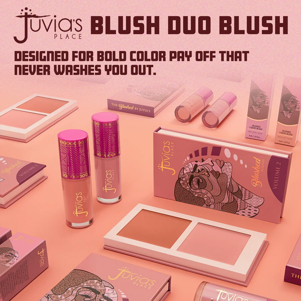 Juvia's Place duo blush on vanity with mirror demonstrating ready-to-wear convenience