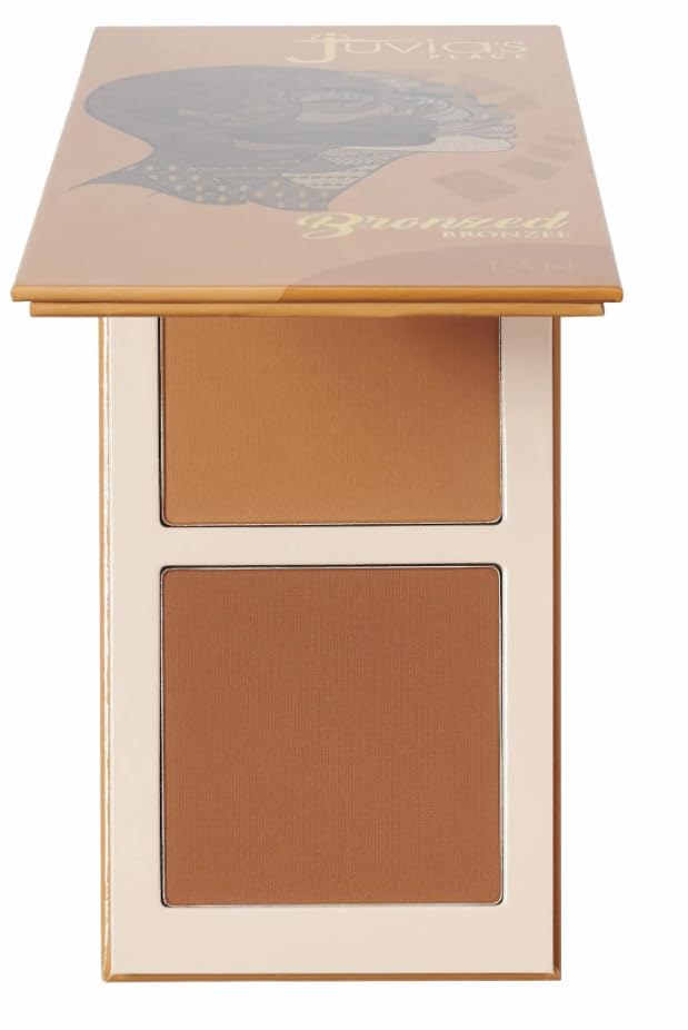 Juvia's Place front compact view showing two bronzer shades and sleek packaging benefit: easy travel
