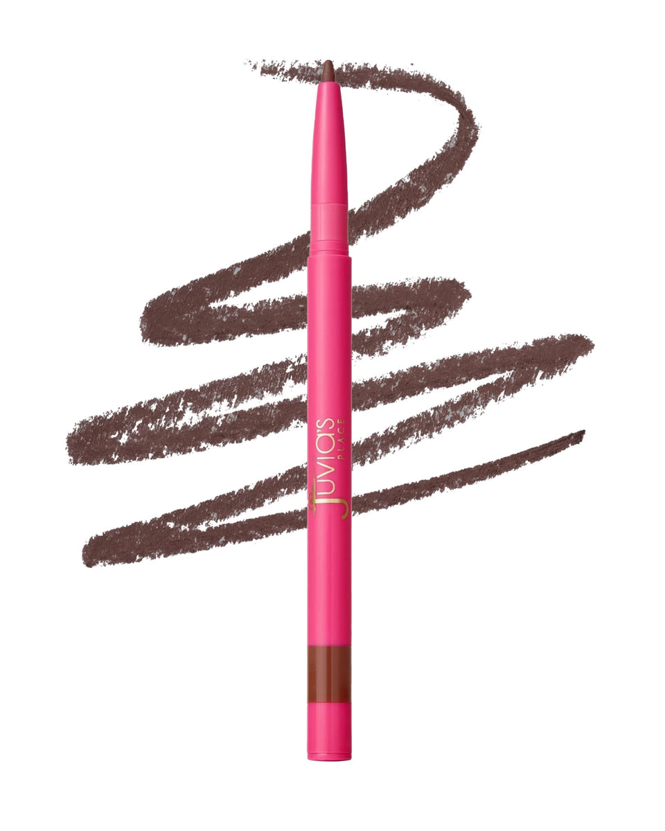 Juvia's Place Kola front packaging showing sleek retractable pencil and shade label, clear benefit: easy travel