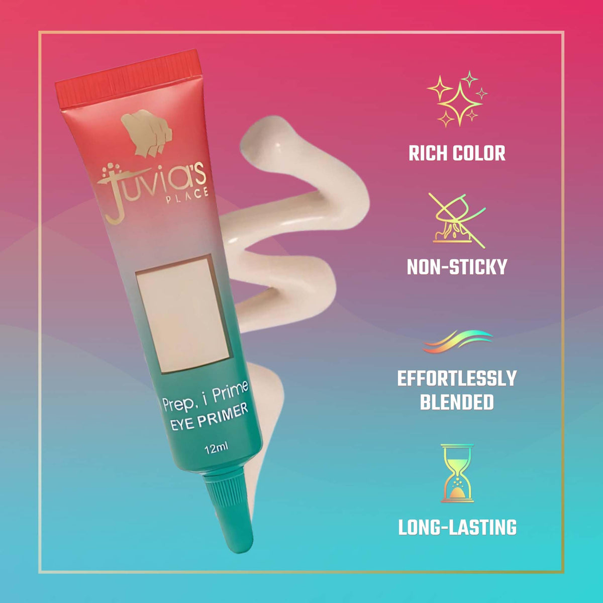 Juvia's Place primer applied with fingertip on eyelid showing quick setting and tacky base benefit