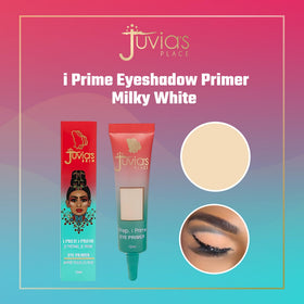 Juvia's Place primer next to a makeup brush and cap showing product size for travel-friendly benefit