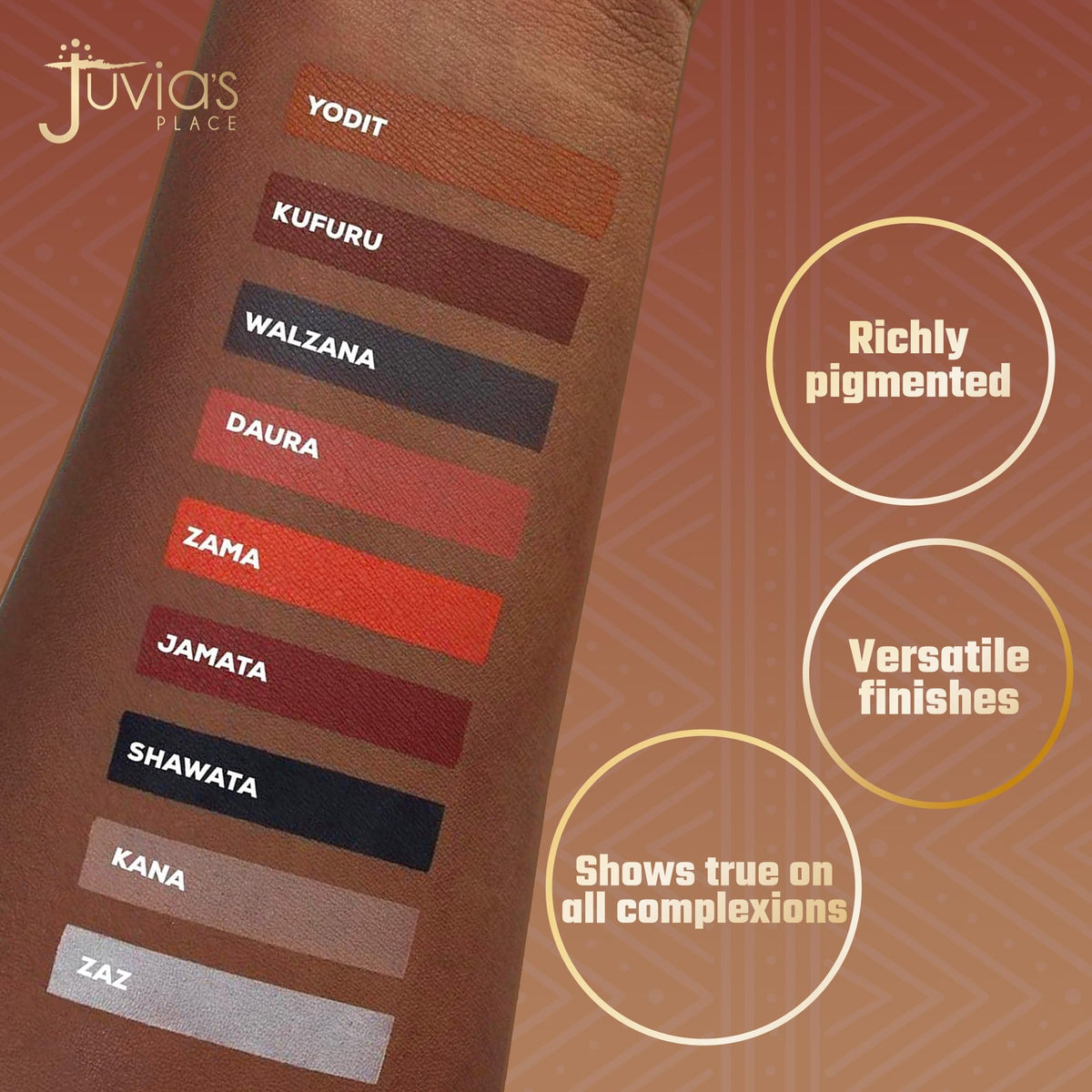 Juvia's Place close-up of individual pans highlighting creamy, highly pigmented powder textures