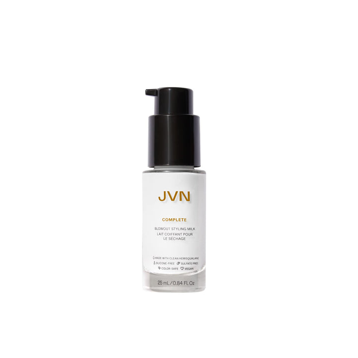 JVN front packaging of Complete Blowout Styling Milk showing travel-friendly tube and benefits
