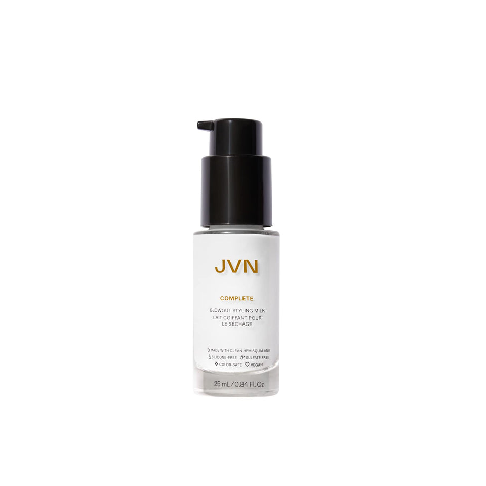 JVN front packaging of Complete Blowout Styling Milk showing travel-friendly tube and benefits