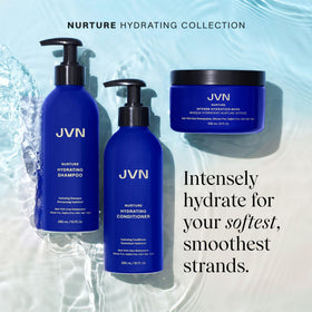 Applying JVN Nurture in shower demonstrating smoothing and frizz control benefit